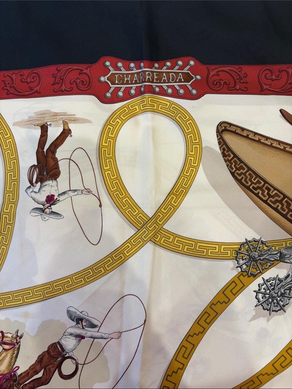 Hermes Equestrian Silk Scarf in Navy, Cream, Red, Gold and Brown - Picture 4 of 4